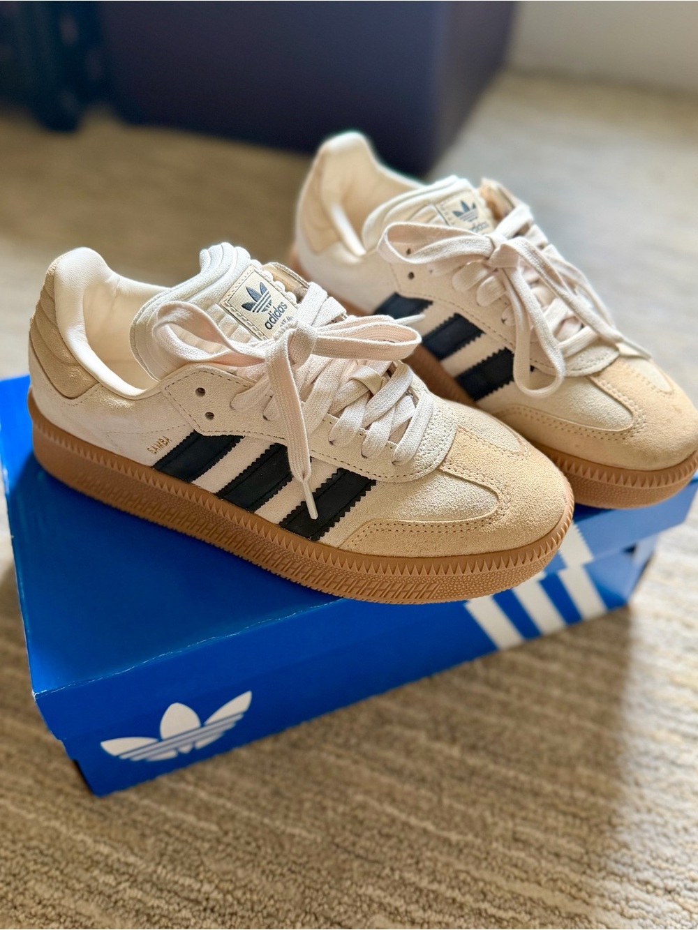 adidas Samba xl Beige Suede Sneakers with Black Stripes